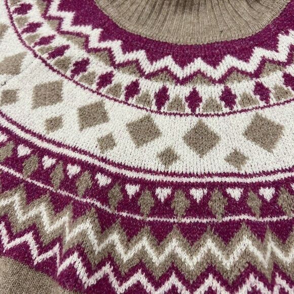 Tahari Sweater Womens Large Beige Stretch Poly Blend Fair Isle Knit Mock Neck - Picture 2 of 4